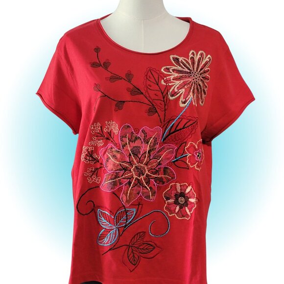 NWT COLDWATER CREEK EMBELLISHED EMBROIDERED FLORAL WOMEN'S COTTON T-SHIRT XL - Picture 1 of 5